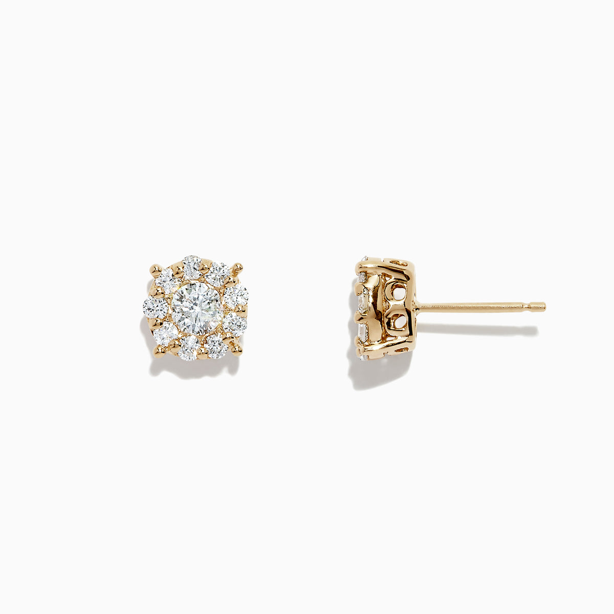 The Bouquet 14K Yellow Gold Diamond Cluster Earrings, 0.93 TCW, feature a central round diamond encircled by a halo of smaller diamonds in a floral cluster design, displayed against a white background.