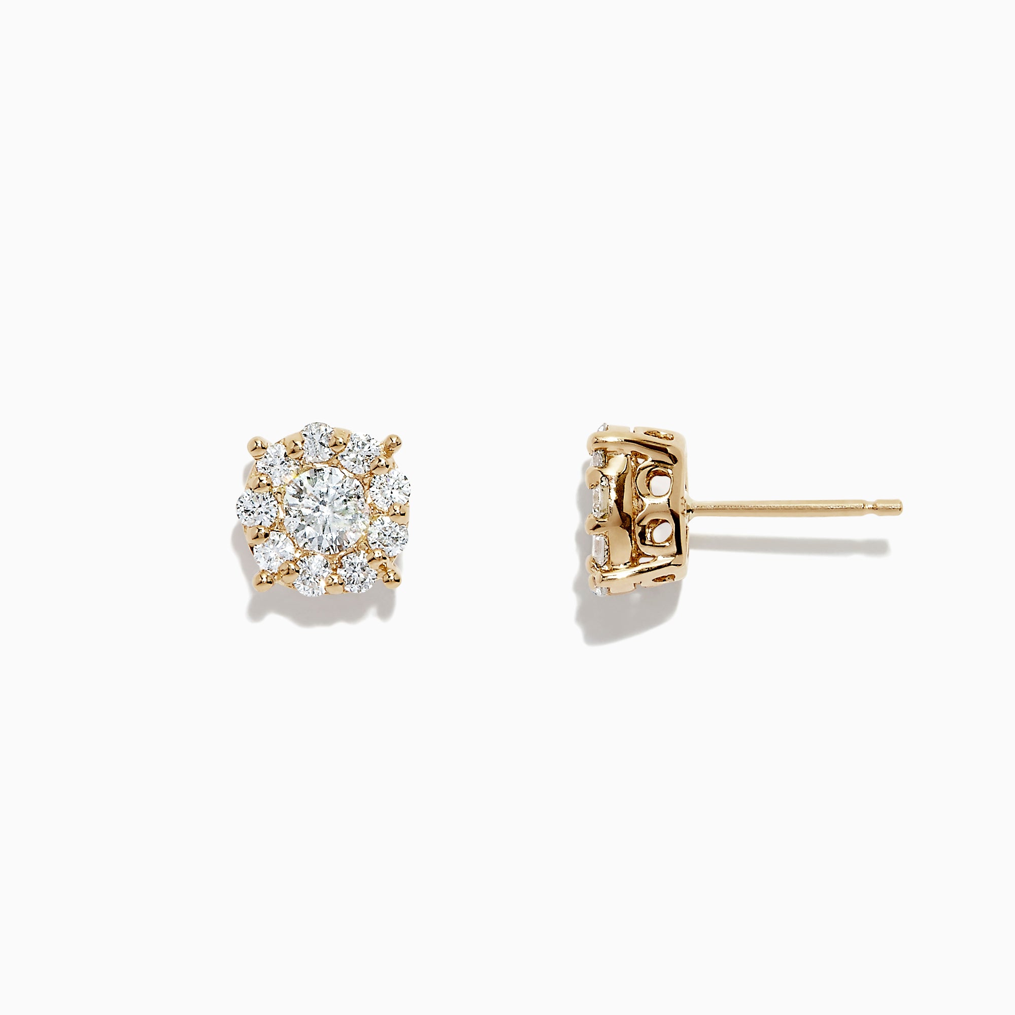 The Bouquet 14K Yellow Gold Diamond Cluster Earrings, 0.93 TCW, feature a central round diamond encircled by a halo of smaller diamonds in a floral cluster design, displayed against a white background.