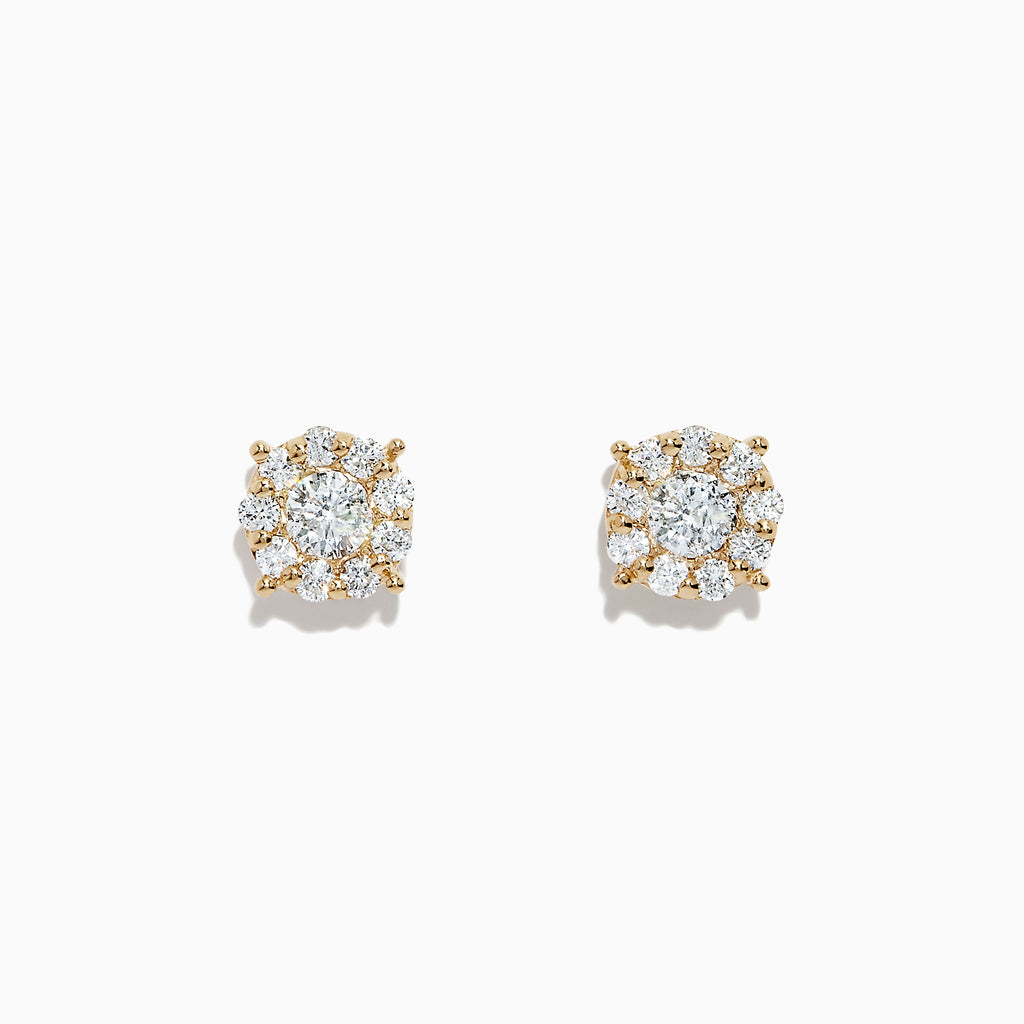 The Bouquet 14K Yellow Gold Diamond Cluster Earrings, 0.93 TCW, feature a central round diamond encircled by a halo of smaller diamonds in a floral cluster design, displayed against a white background.