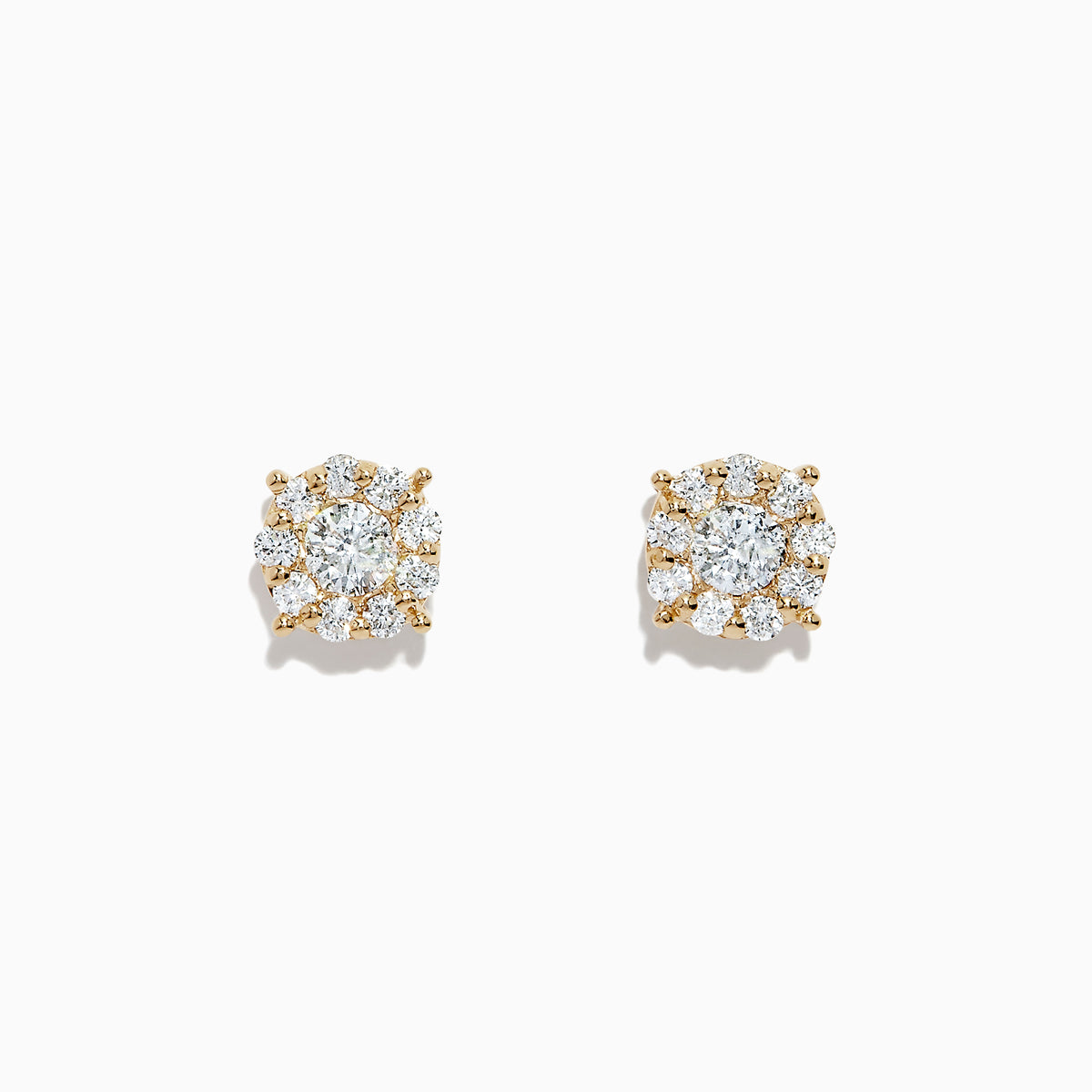 The Bouquet 14K Yellow Gold Diamond Cluster Earrings, 0.93 TCW, feature a central round diamond encircled by a halo of smaller diamonds in a floral cluster design, displayed against a white background.