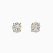 The Bouquet 14K Yellow Gold Diamond Cluster Earrings, 0.93 TCW, feature a central round diamond encircled by a halo of smaller diamonds in a floral cluster design, displayed against a white background.