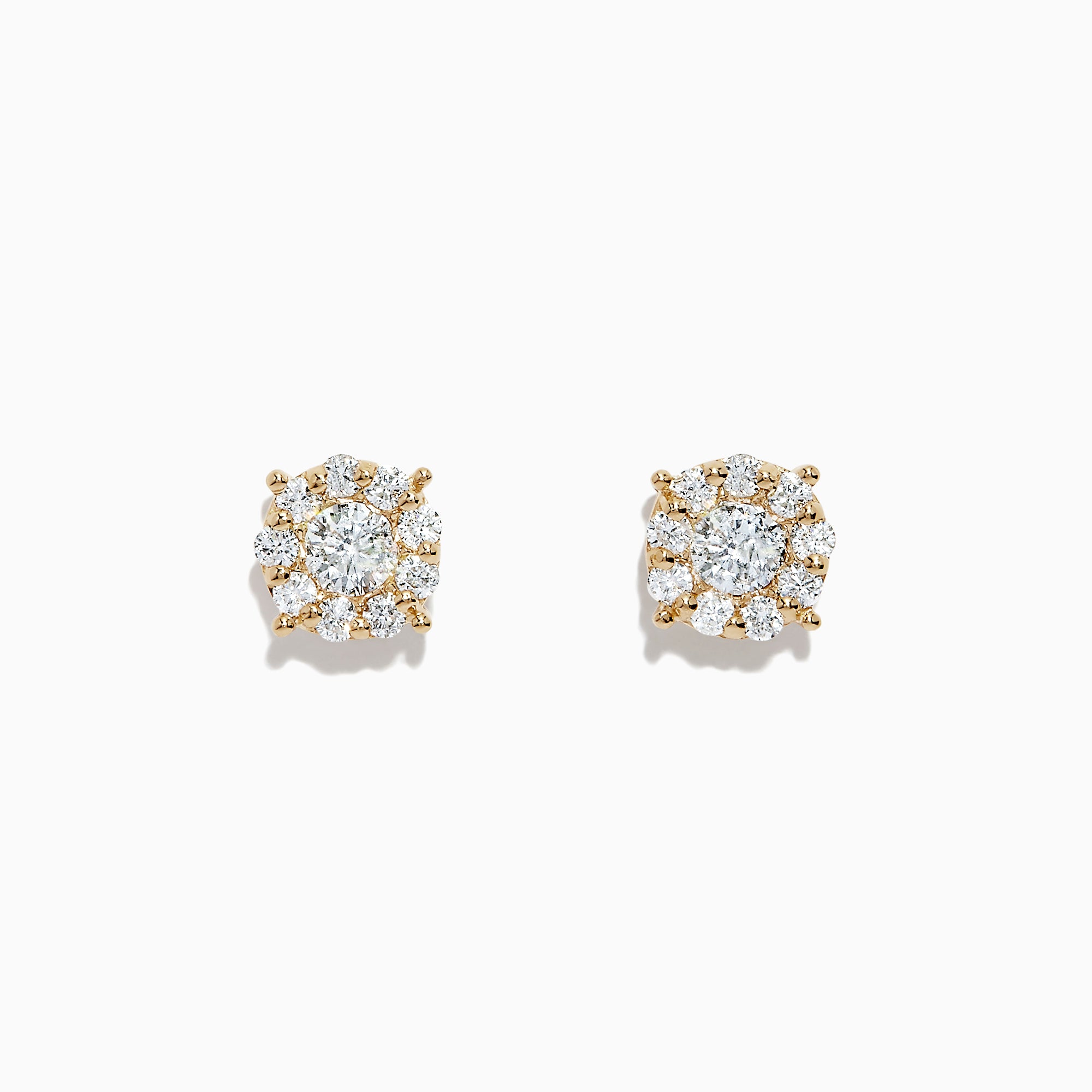 The Bouquet 14K Yellow Gold Diamond Cluster Earrings, 0.93 TCW, feature a central round diamond encircled by a halo of smaller diamonds in a floral cluster design, displayed against a white background.
