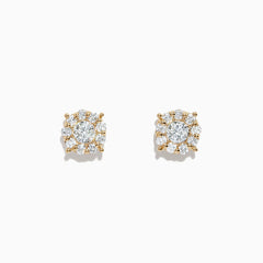 The Bouquet 14K Yellow Gold Diamond Cluster Earrings, 0.93 TCW, feature a central round diamond encircled by a halo of smaller diamonds in a floral cluster design, displayed against a white background.