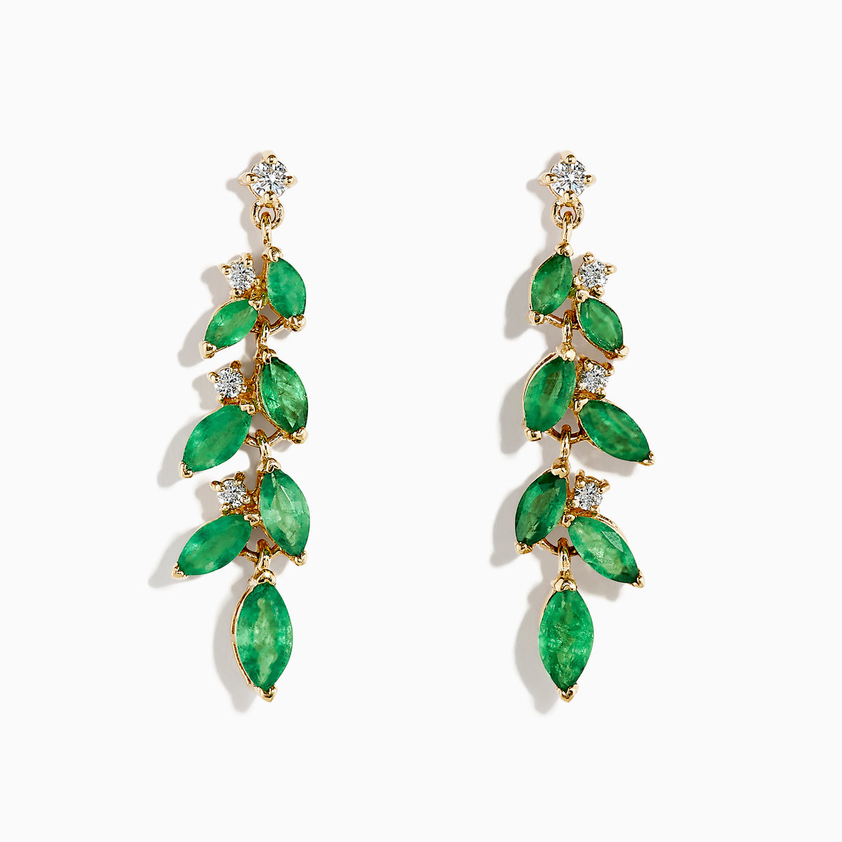 The Brasilica 14K Yellow Gold Emerald and Diamond Drop Earrings feature alternating marquise emeralds and round diamonds in a leaf-and-flower motif, displayed on a white background.