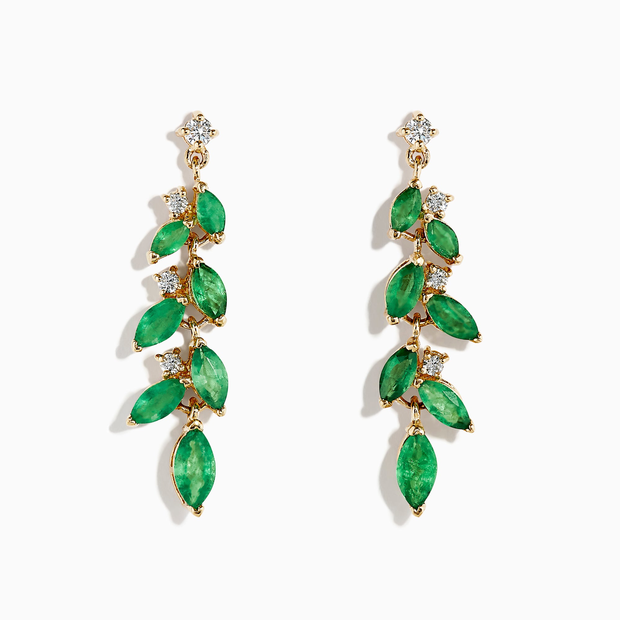 The Brasilica 14K Yellow Gold Emerald and Diamond Drop Earrings feature alternating marquise emeralds and round diamonds in a leaf-and-flower motif, displayed on a white background.