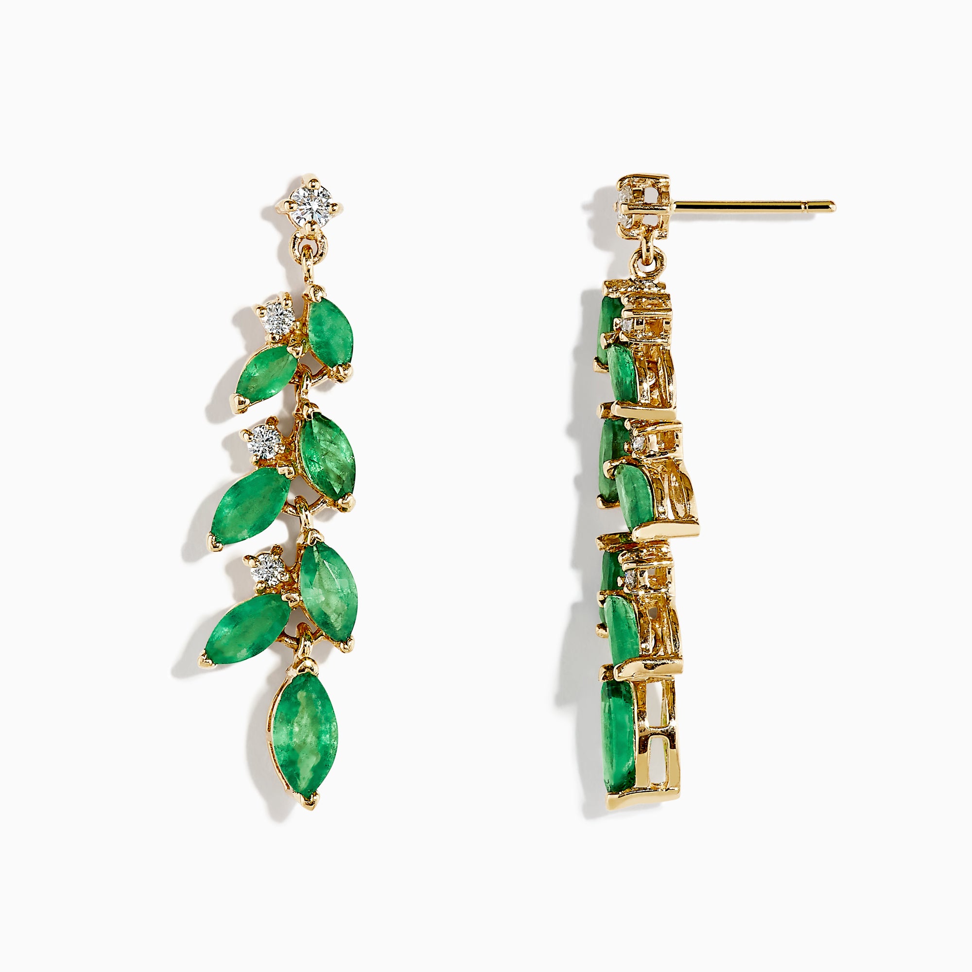 The Brasilica 14K Yellow Gold Emerald and Diamond Drop Earrings feature alternating marquise emeralds and round diamonds in a leaf-and-flower motif, displayed on a white background.