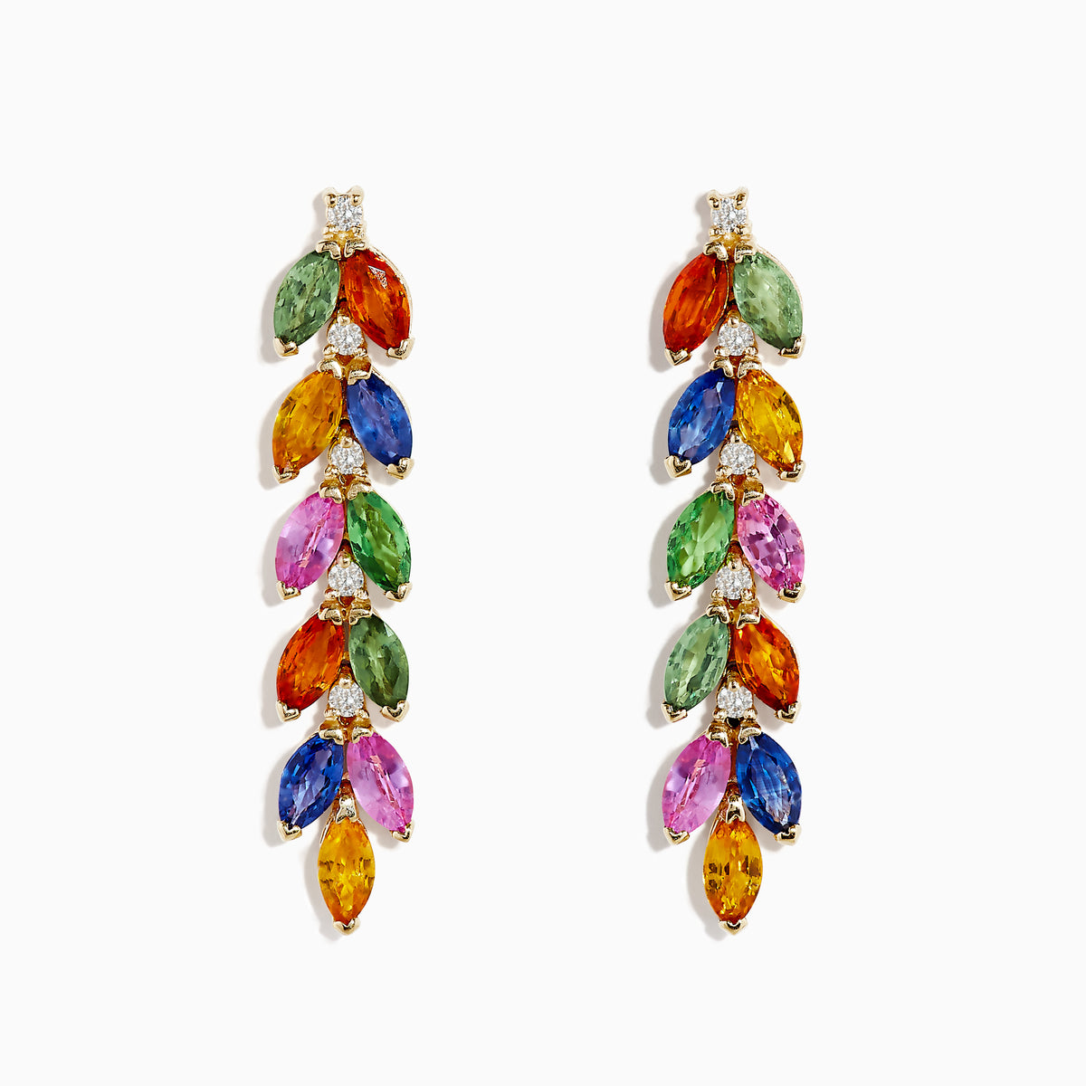 The Watercolor 14K Yellow Gold Multi Sapphire and Diamond Drop Earrings feature marquise-cut sapphires in green, orange, blue, pink, and yellow, arranged vertically in a leaf-like pattern with sparkling diamonds at the top.