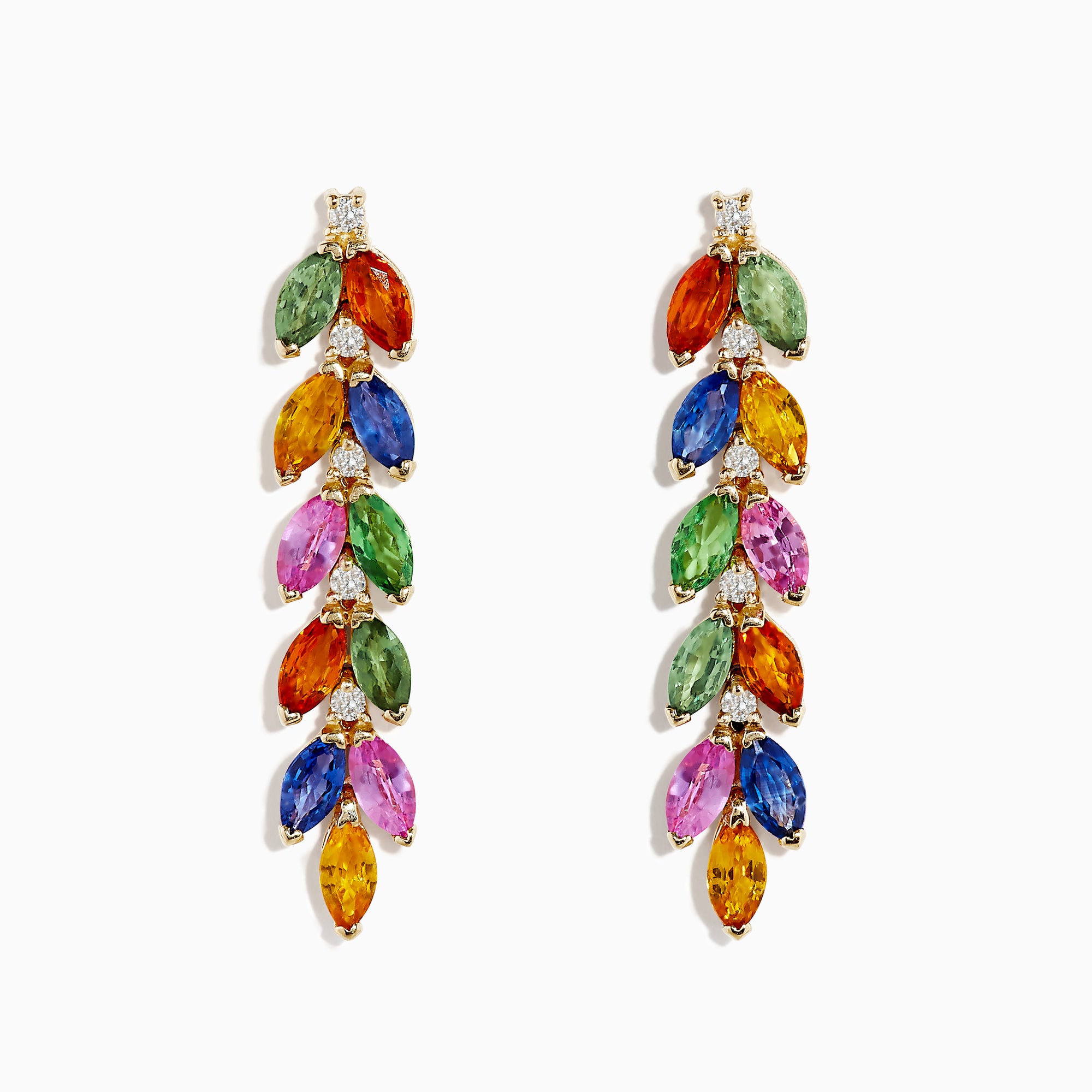 The Watercolor 14K Yellow Gold Multi Sapphire and Diamond Drop Earrings feature marquise-cut sapphires in green, orange, blue, pink, and yellow, arranged vertically in a leaf-like pattern with sparkling diamonds at the top.