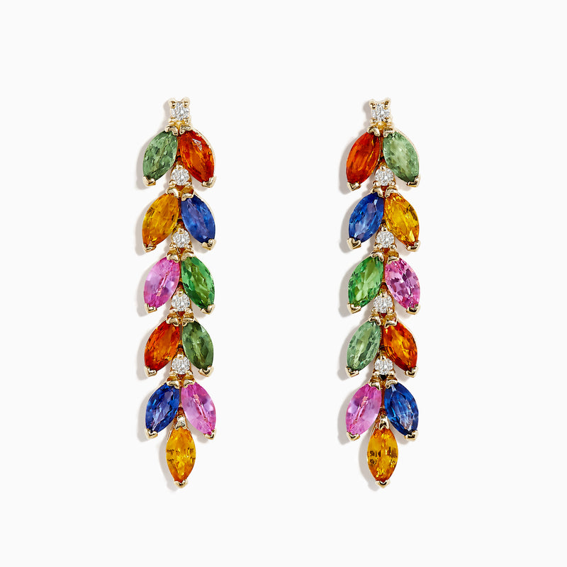 The Watercolor 14K Yellow Gold Multi Sapphire and Diamond Drop Earrings feature marquise-cut sapphires in green, orange, blue, pink, and yellow, arranged vertically in a leaf-like pattern with sparkling diamonds at the top.