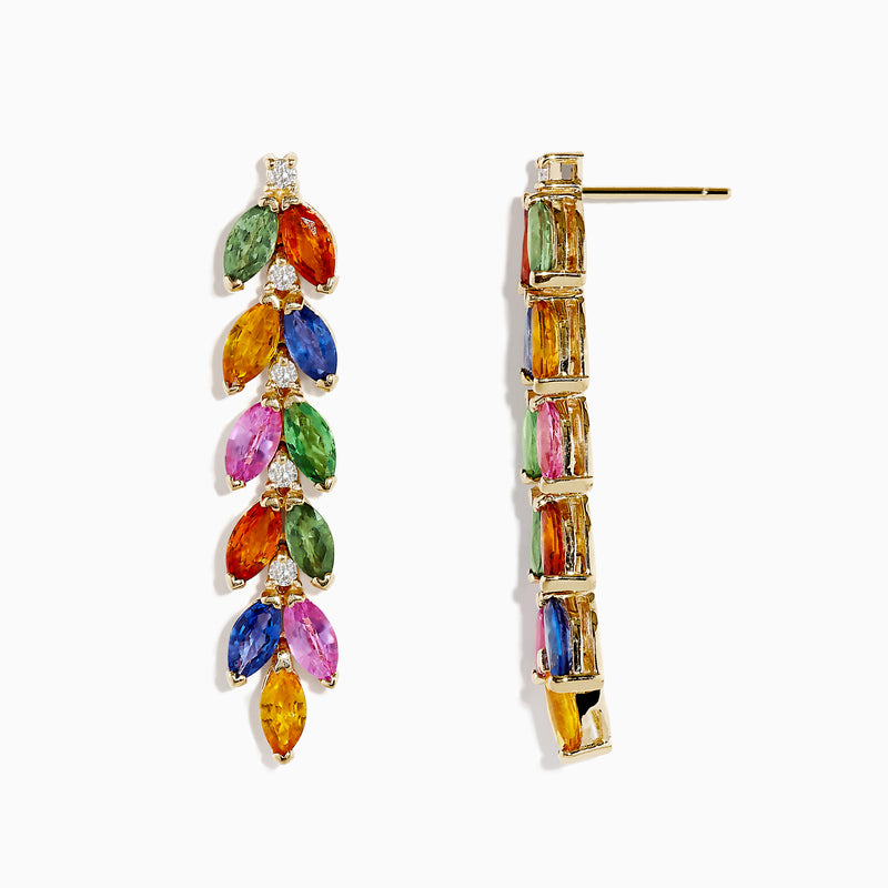 The Watercolor 14K Yellow Gold Multi Sapphire and Diamond Drop Earrings feature marquise-cut sapphires in green, orange, blue, pink, and yellow, arranged vertically in a leaf-like pattern with sparkling diamonds at the top.