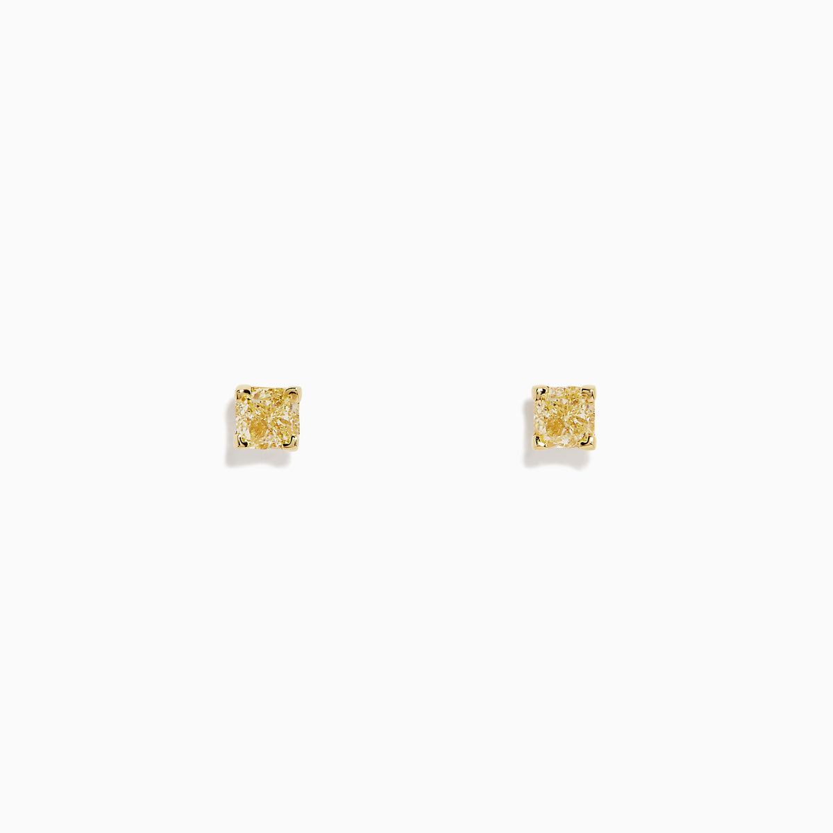 The Canare 18K Yellow Gold Cushion Cut Yellow Diamond Solitaire Stud Earrings (0.66 TCW) feature small, square-shaped yellow diamonds set in yellow gold, shown against a plain white background.