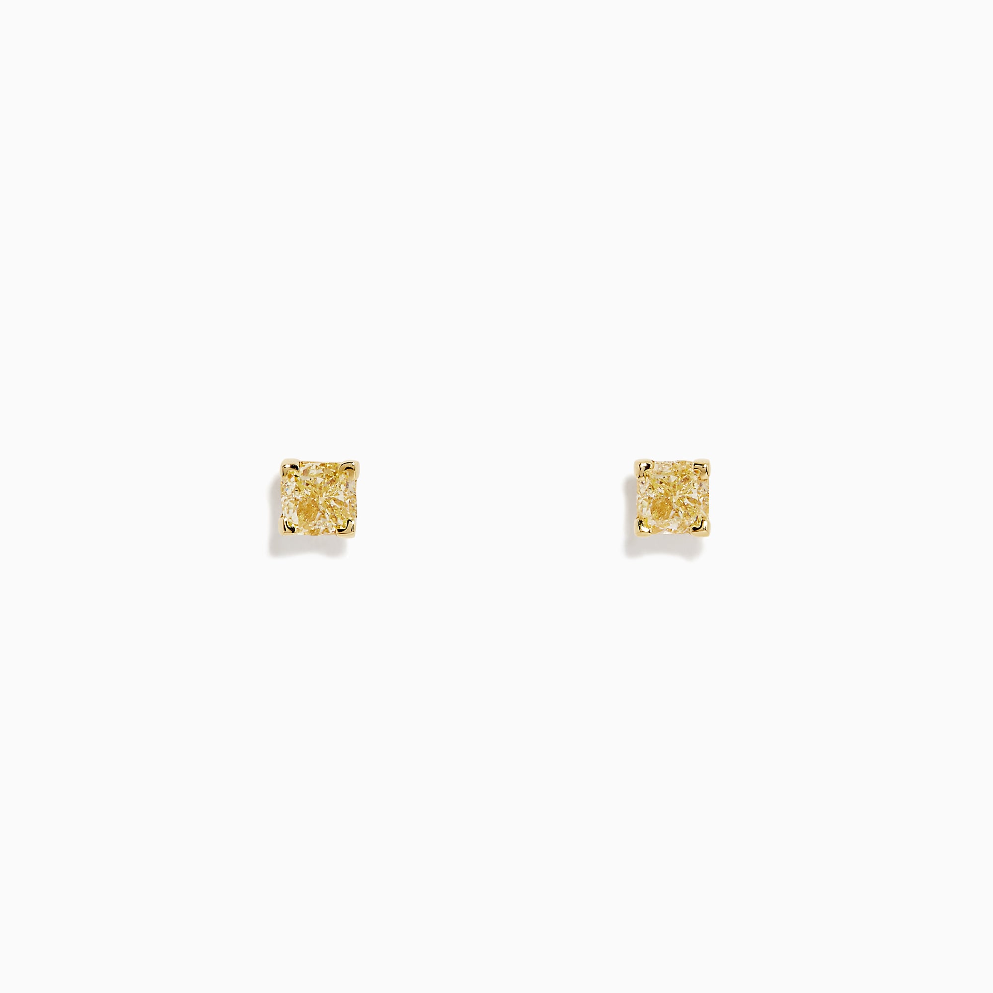 The Canare 18K Yellow Gold Cushion Cut Yellow Diamond Solitaire Stud Earrings (0.66 TCW) feature small, square-shaped yellow diamonds set in yellow gold, shown against a plain white background.