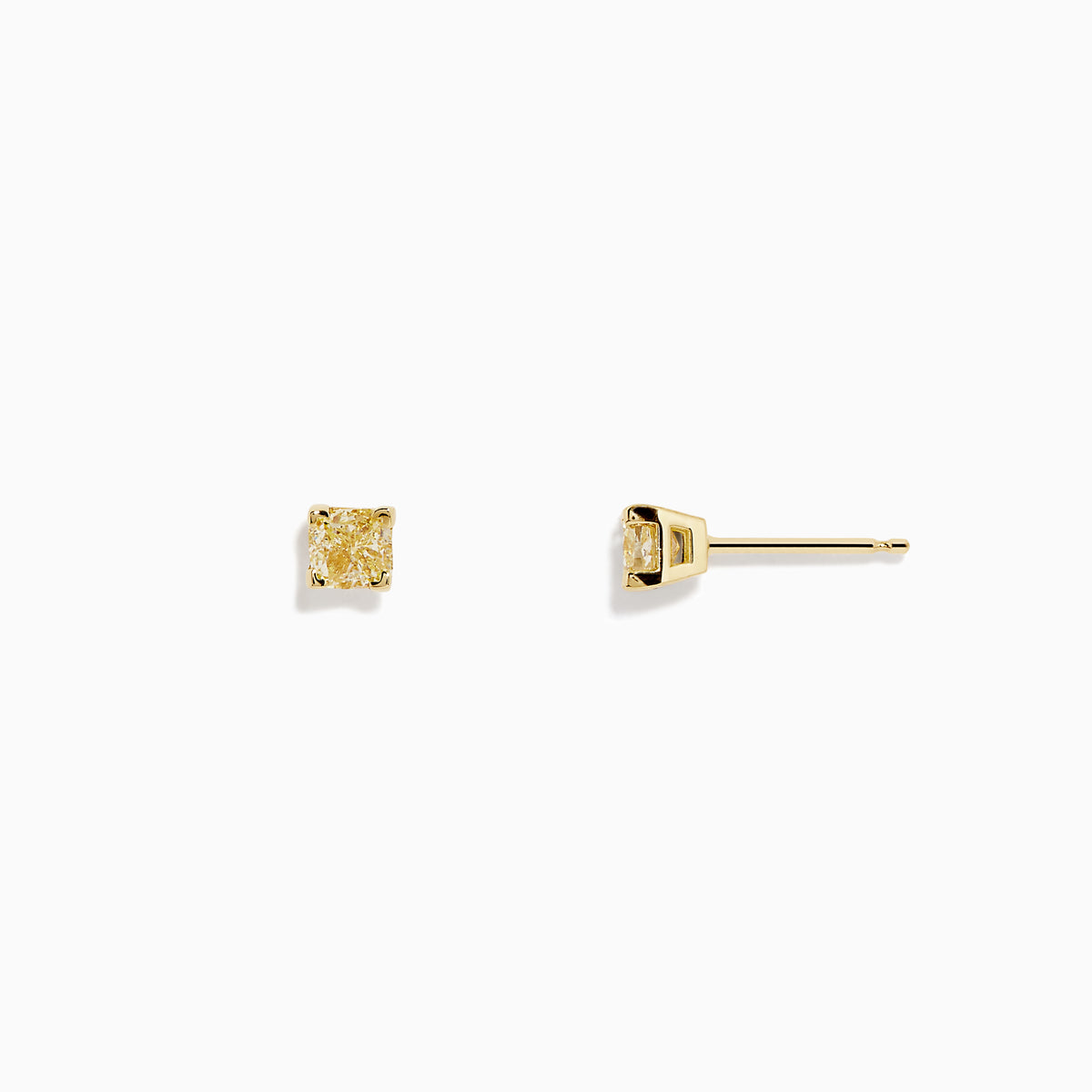 The Canare 18K Yellow Gold Cushion Cut Yellow Diamond Solitaire Stud Earrings (0.66 TCW) feature small, square-shaped yellow diamonds set in yellow gold, shown against a plain white background.