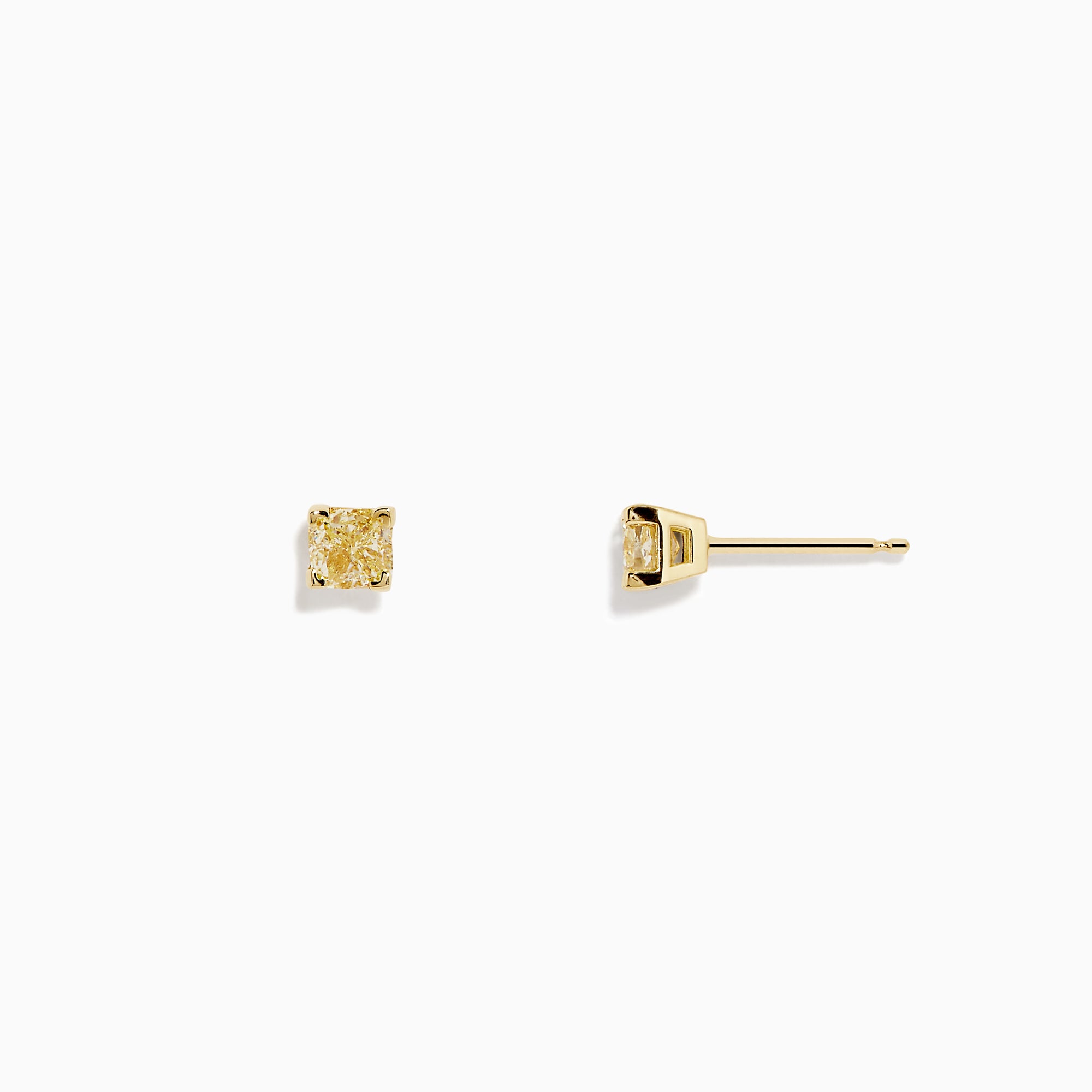 The Canare 18K Yellow Gold Cushion Cut Yellow Diamond Solitaire Stud Earrings (0.66 TCW) feature small, square-shaped yellow diamonds set in yellow gold, shown against a plain white background.