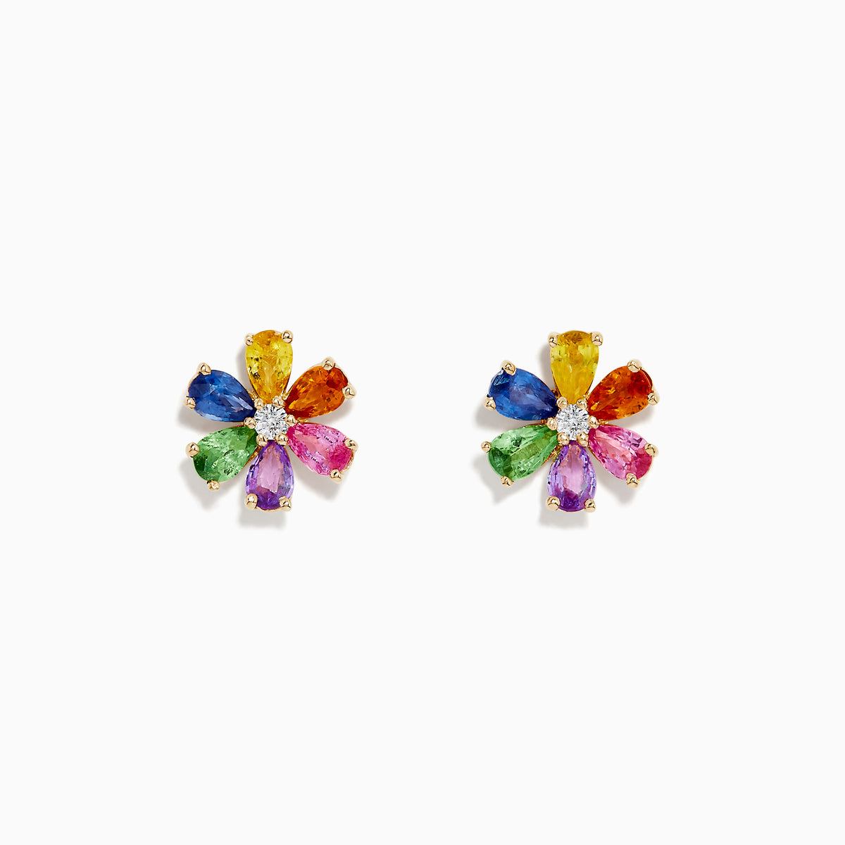 Watercolors 14K Gold Multi Sapphire and Diamond Flower Stud Earrings feature vibrant blue, yellow, orange, green, purple, and pink sapphires in a dazzling floral design with sparkling diamonds on each petal.