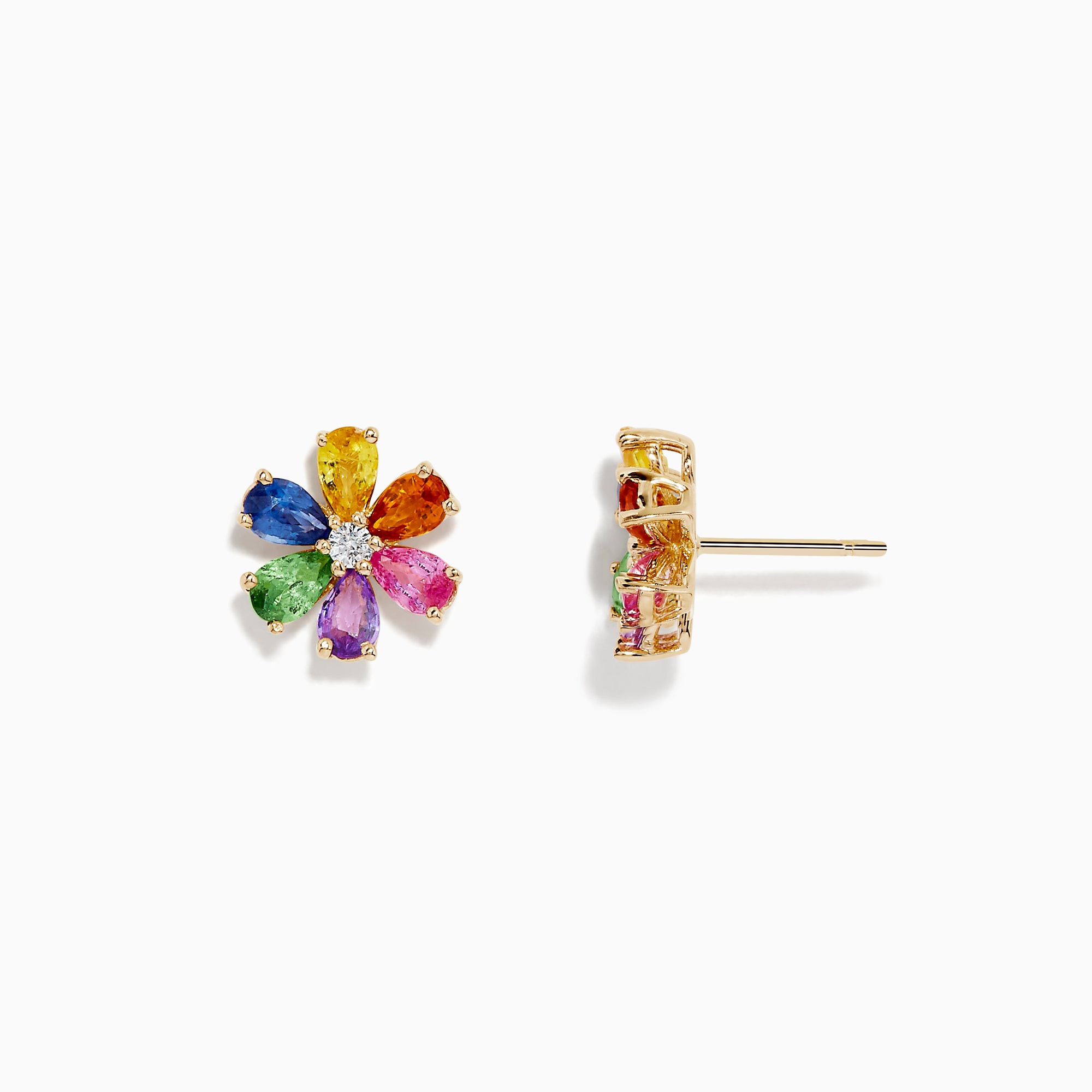 Watercolors 14K Gold Multi Sapphire and Diamond Flower Stud Earrings feature vibrant blue, yellow, orange, green, purple, and pink sapphires in a dazzling floral design with sparkling diamonds on each petal.