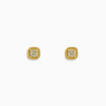 A pair of 18K yellow gold cushion halo stud earrings with 0.73 TCW yellow diamonds, displayed on a white background.