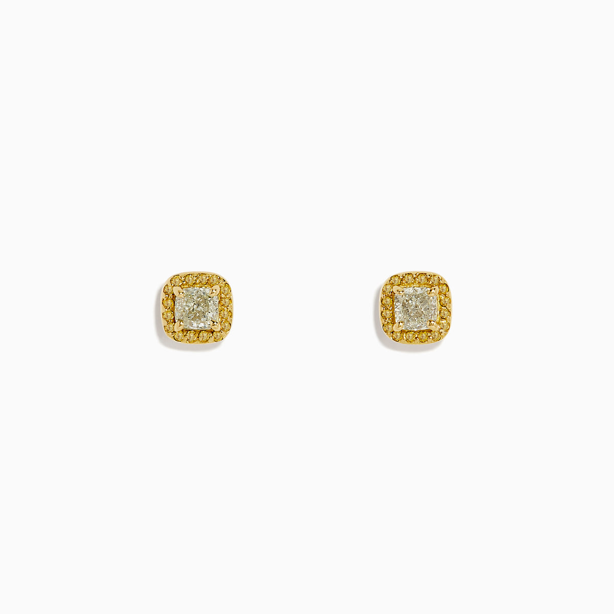 A pair of 18K yellow gold cushion halo stud earrings with 0.73 TCW yellow diamonds, displayed on a white background.