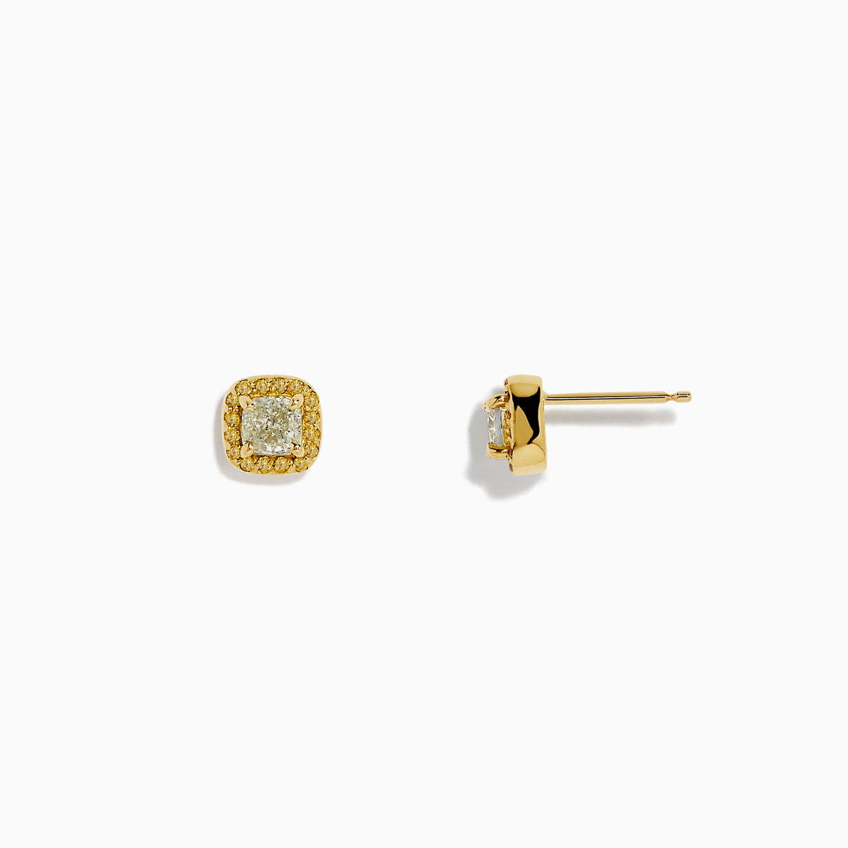 A pair of 18K yellow gold cushion halo stud earrings with 0.73 TCW yellow diamonds, displayed on a white background.