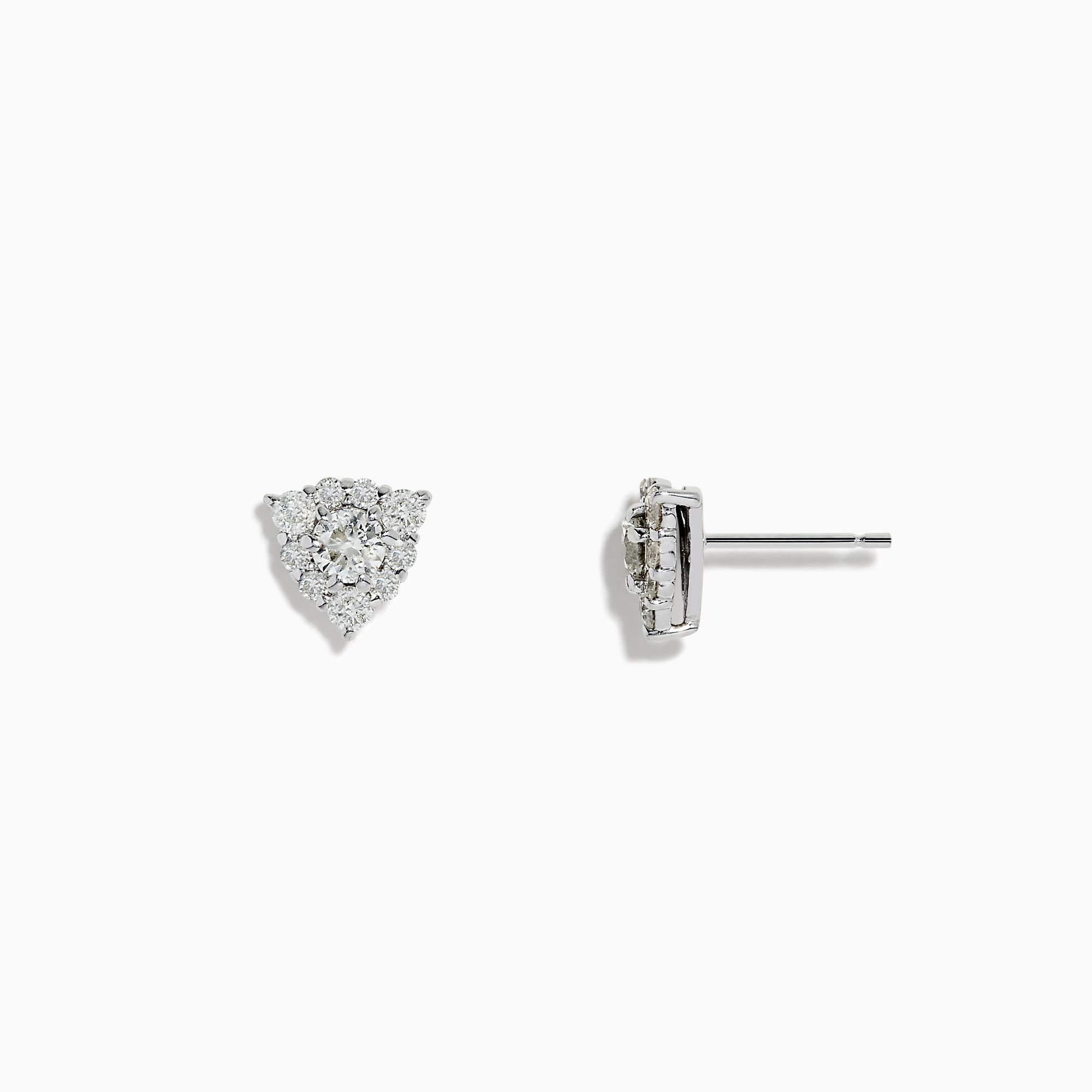 The Pave Classica 14K White Gold Diamond Triangle Stud Earrings are shown against a white background, featuring small triangular clusters of closely set round diamonds in elegant 14K white gold.