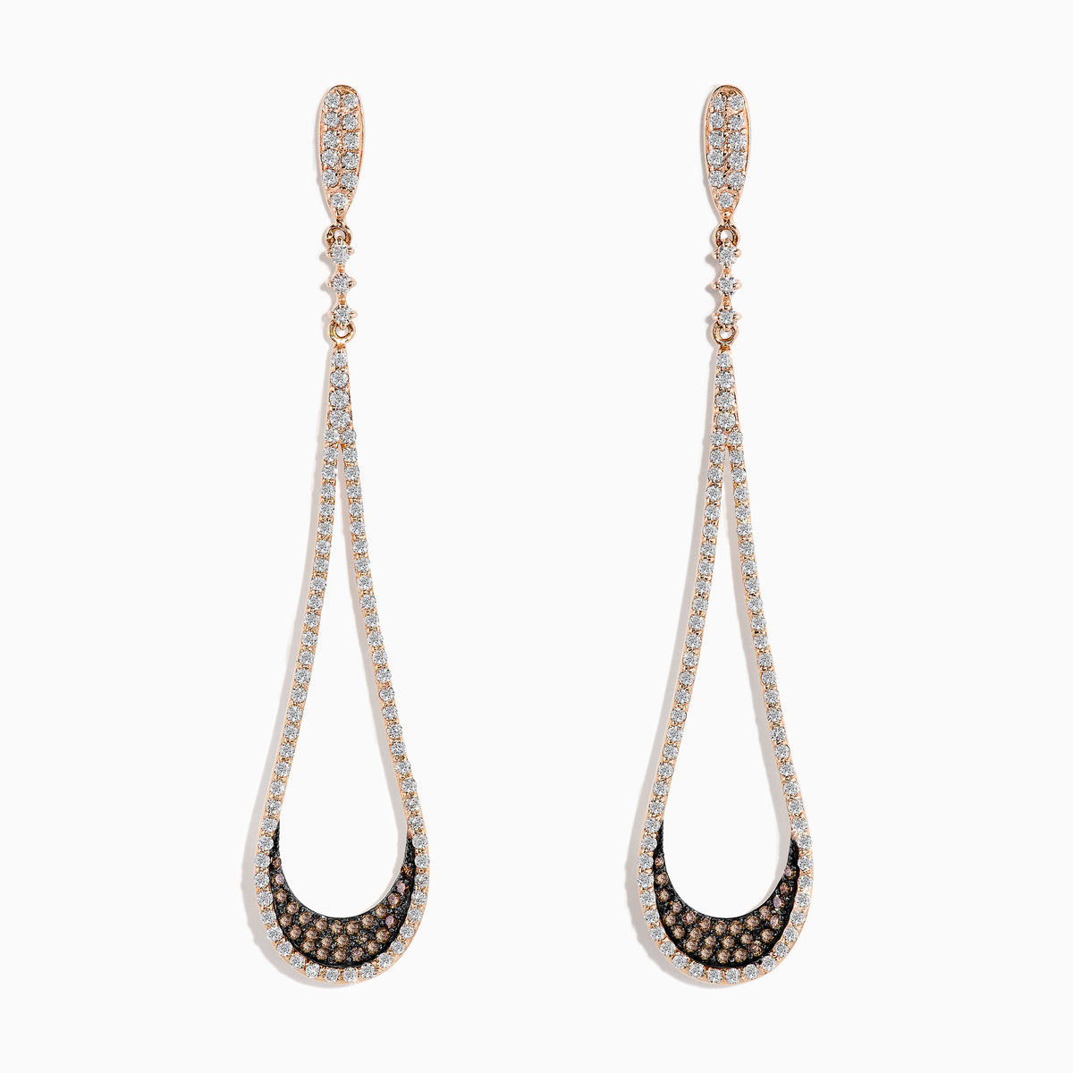 Elegant 14K rose gold drop earrings, 1.70 TCW, adorned with brown and white diamonds, showcased against a white background.