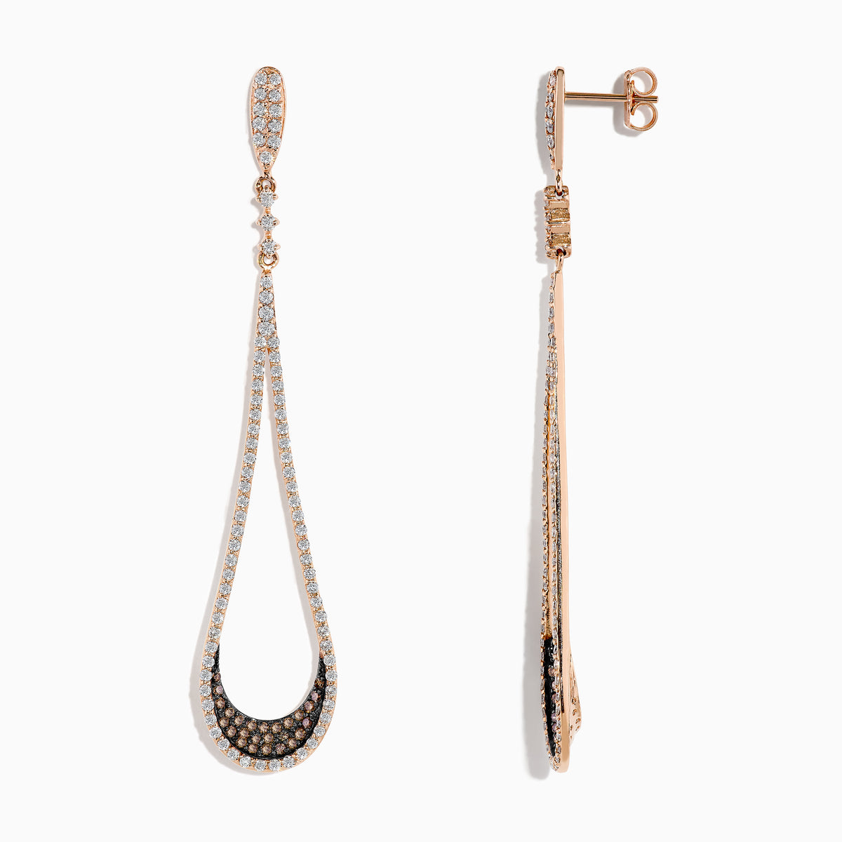 Elegant 14K rose gold drop earrings, 1.70 TCW, adorned with brown and white diamonds, showcased against a white background.