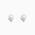 14K White Gold Cultured Freshwater Pearl & Diamond Earrings (0.05 TCW) feature round white pearls accented by small diamonds below each pearl, shown against a plain white background.