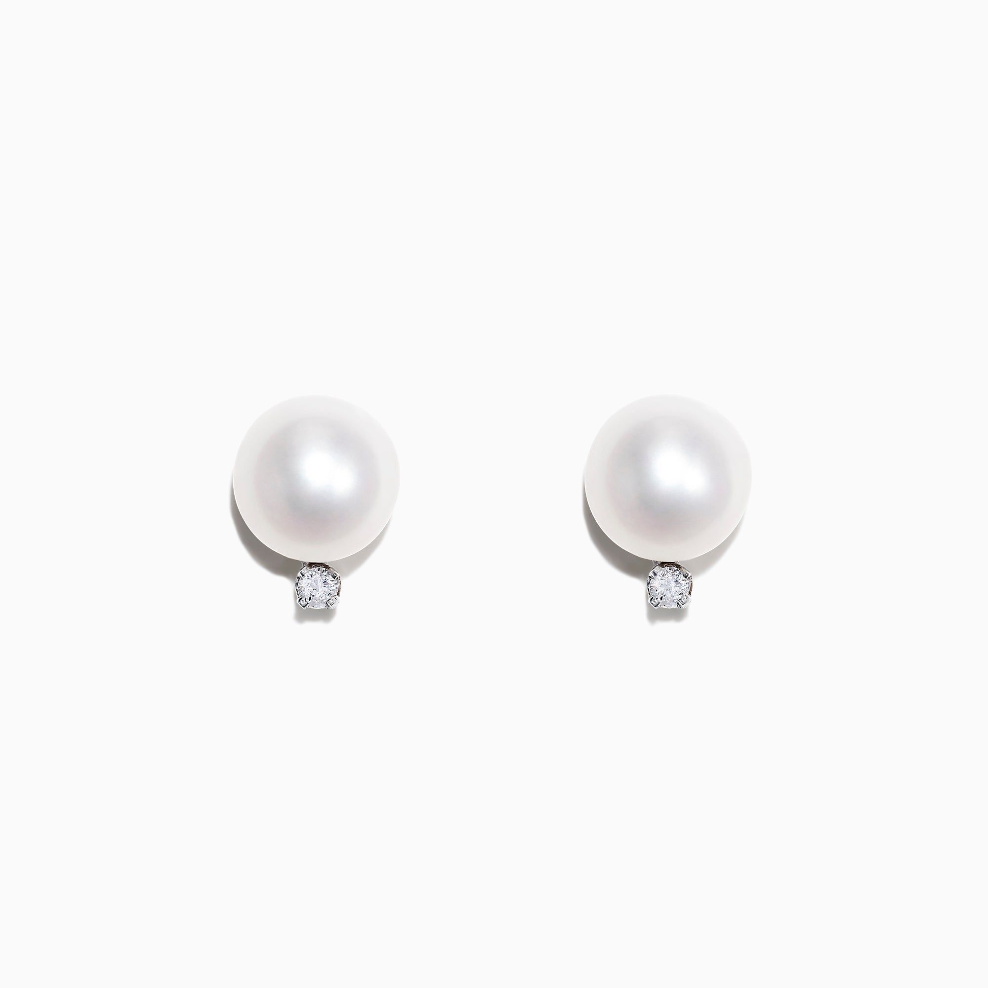 14K White Gold Cultured Freshwater Pearl & Diamond Earrings (0.05 TCW) feature round white pearls accented by small diamonds below each pearl, shown against a plain white background.