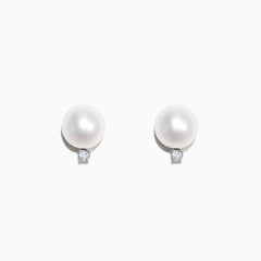 14K White Gold Cultured Freshwater Pearl & Diamond Earrings (0.05 TCW) feature round white pearls accented by small diamonds below each pearl, shown against a plain white background.