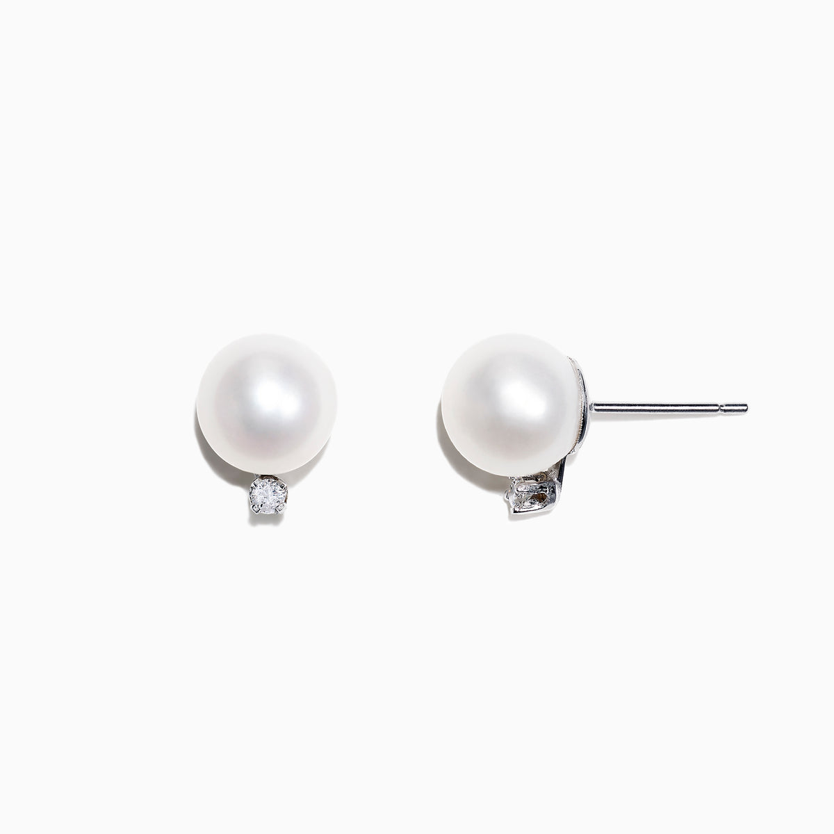 14K White Gold Cultured Freshwater Pearl & Diamond Earrings (0.05 TCW) feature round white pearls accented by small diamonds below each pearl, shown against a plain white background.