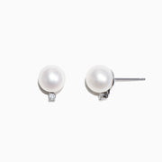 14K White Gold Cultured Freshwater Pearl & Diamond Earrings (0.05 TCW) feature round white pearls accented by small diamonds below each pearl, shown against a plain white background.