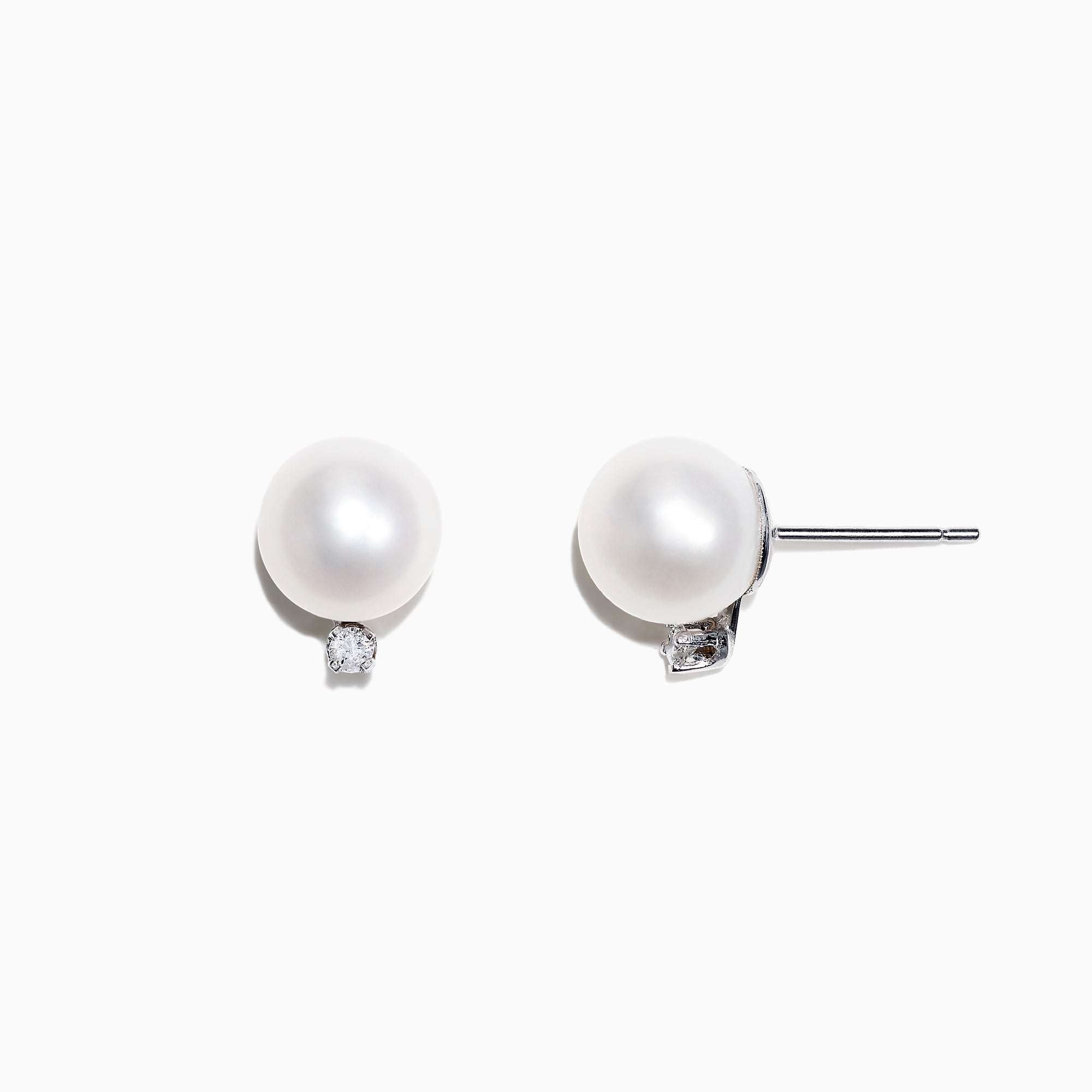 14K White Gold Cultured Freshwater Pearl & Diamond Earrings (0.05 TCW) feature round white pearls accented by small diamonds below each pearl, shown against a plain white background.
