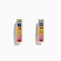 Watercolors 14K Gold Multi Sapphire & Diamond 3/4 Hoop Earrings (2.63 TCW) feature a central row of green, blue, yellow, and pink sapphires bordered by clear diamonds, shown on a white background.
