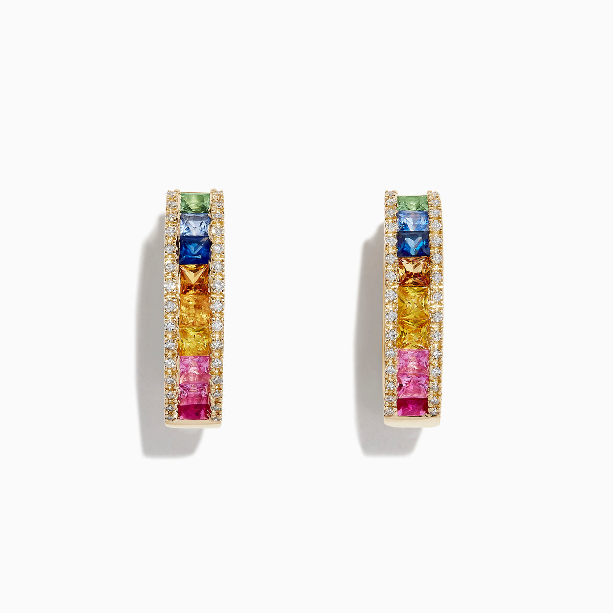 Watercolors 14K Gold Multi Sapphire & Diamond 3/4 Hoop Earrings (2.63 TCW) feature a central row of green, blue, yellow, and pink sapphires bordered by clear diamonds, shown on a white background.