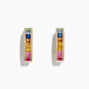 Watercolors 14K Gold Multi Sapphire & Diamond 3/4 Hoop Earrings (2.63 TCW) feature a central row of green, blue, yellow, and pink sapphires bordered by clear diamonds, shown on a white background.