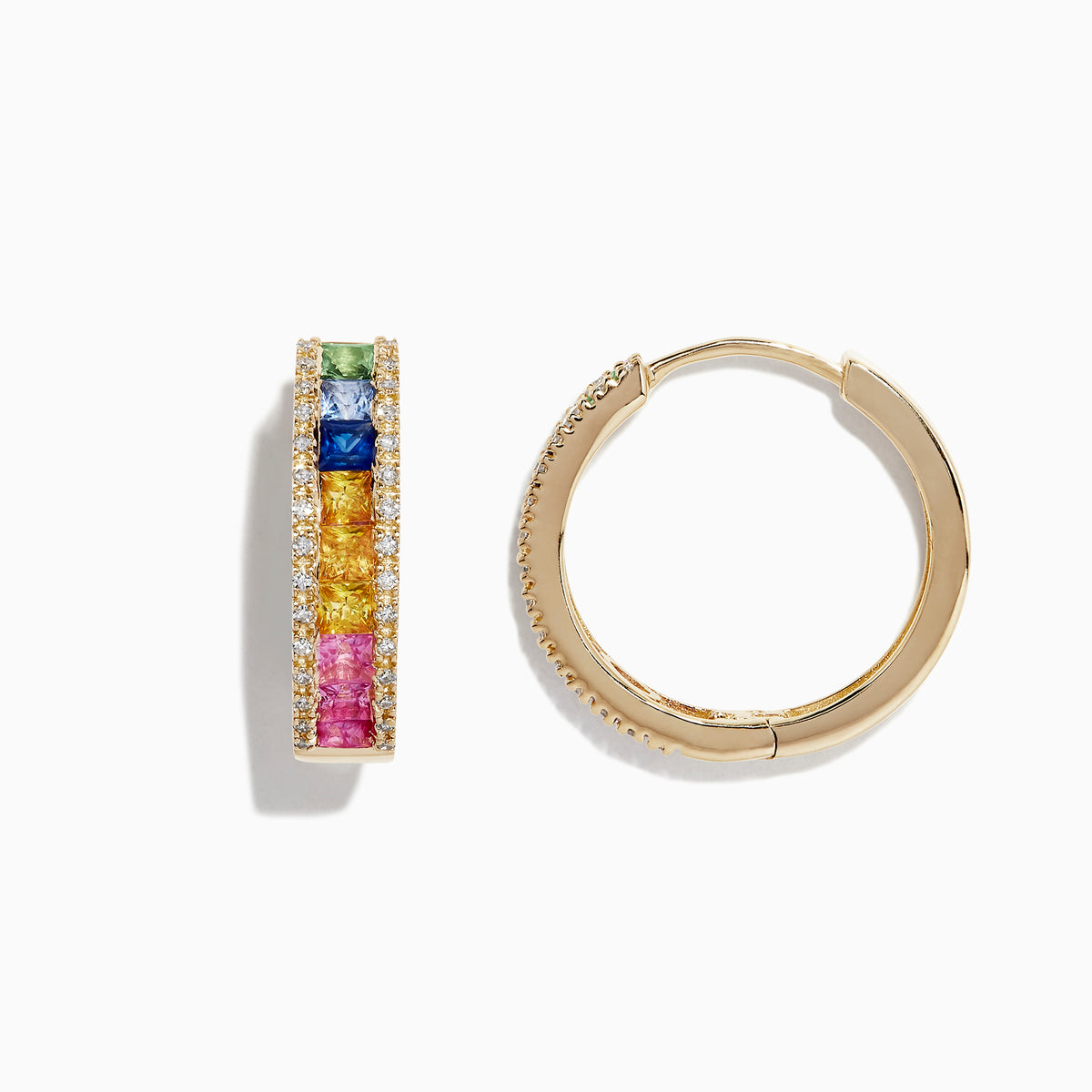 Watercolors 14K Gold Multi Sapphire & Diamond 3/4 Hoop Earrings (2.63 TCW) feature a central row of green, blue, yellow, and pink sapphires bordered by clear diamonds, shown on a white background.