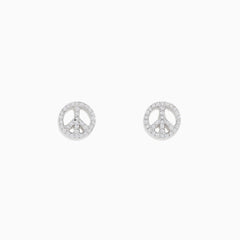 A pair of 925 Sterling Silver Diamond Peace Sign Stud Earrings, featuring small round studs with clear sparkling stones on a white background.