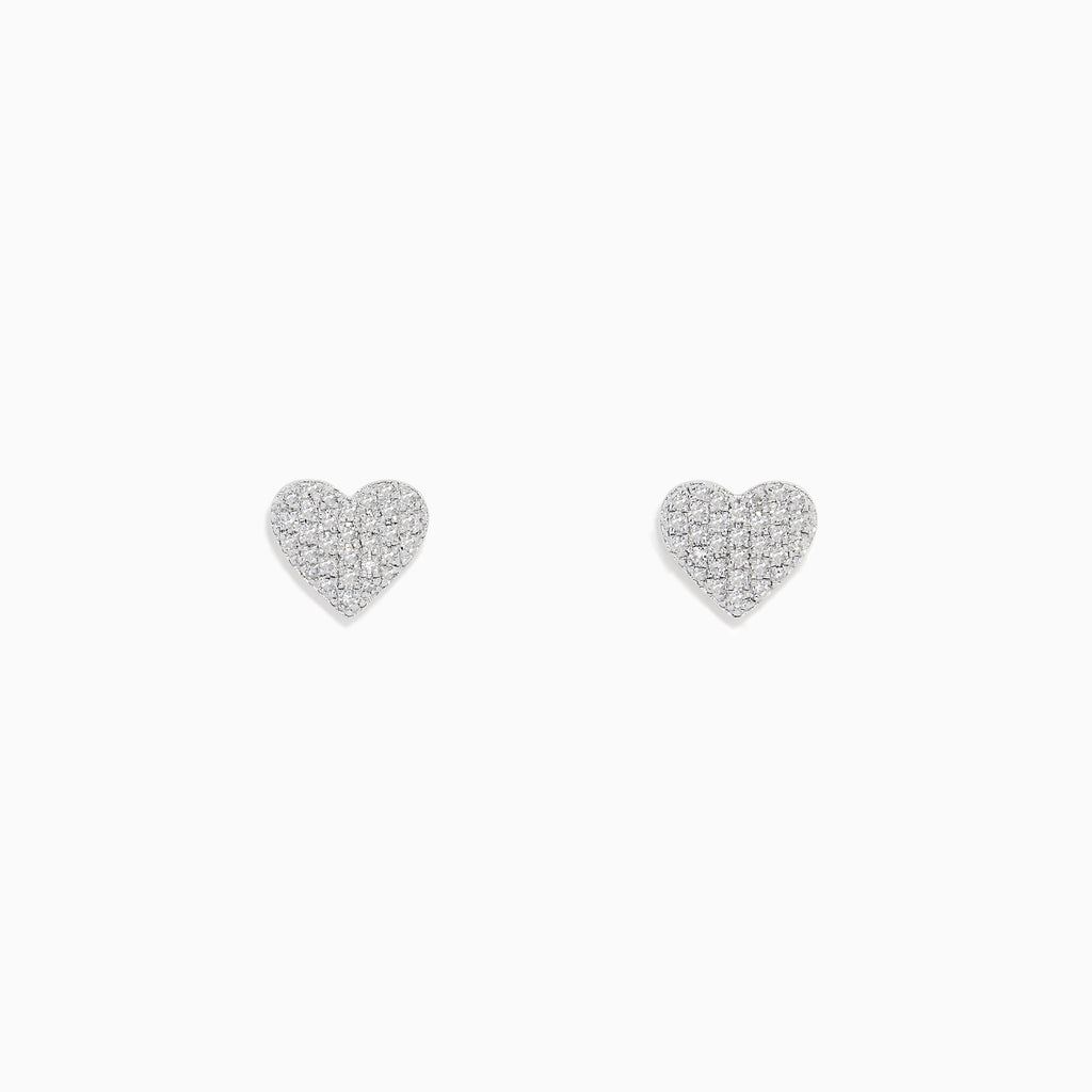 A pair of 925 Sterling Silver Diamond Heart Stud Earrings, encrusted with sparkling clear stones, displayed on a plain white background.