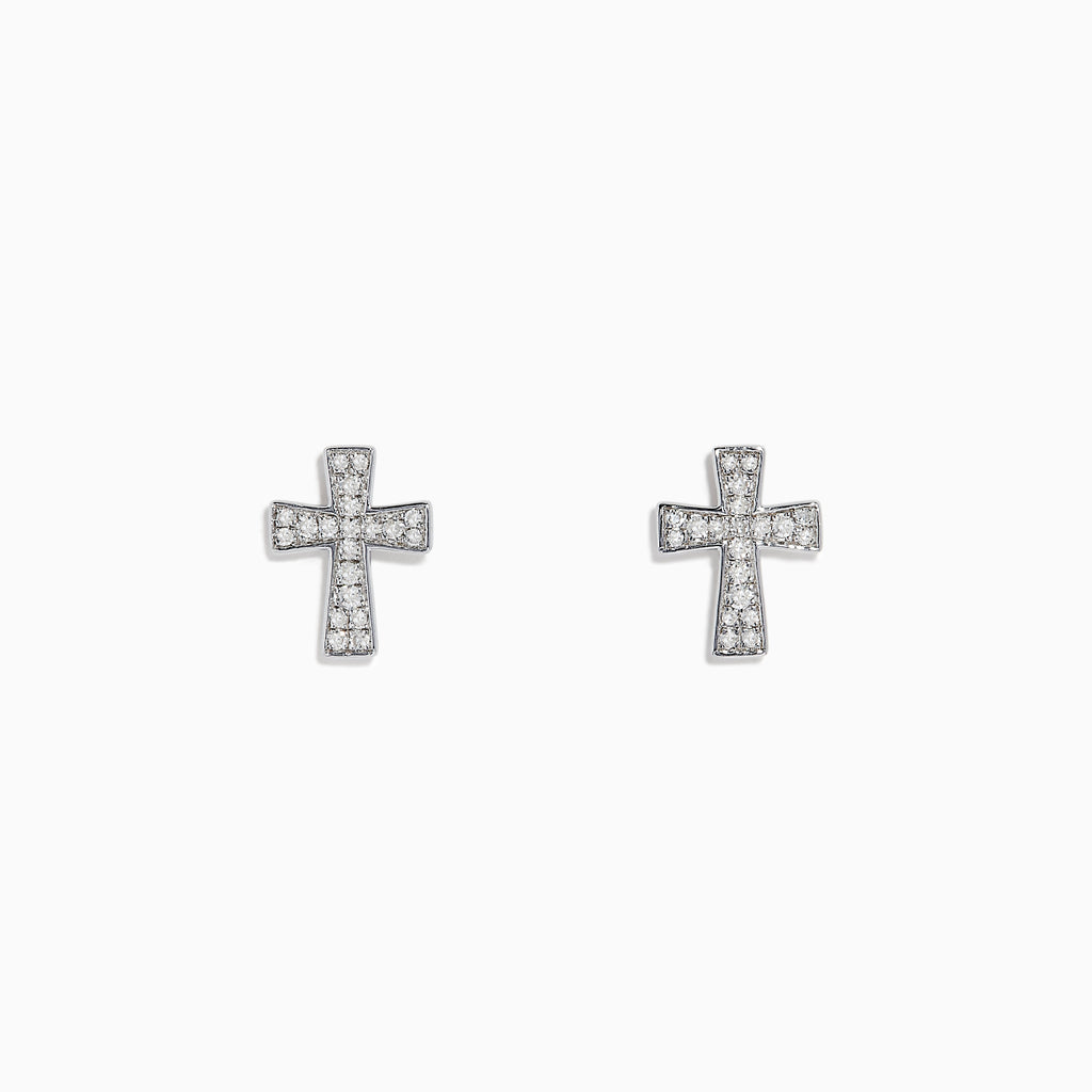 The 925 Sterling Silver Diamond Cross Stud Earrings are small, sterling silver cross-shaped studs adorned with sparkling gemstones, shown on a white background.