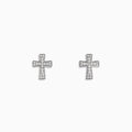 The 925 Sterling Silver Diamond Cross Stud Earrings are small, sterling silver cross-shaped studs adorned with sparkling gemstones, shown on a white background.