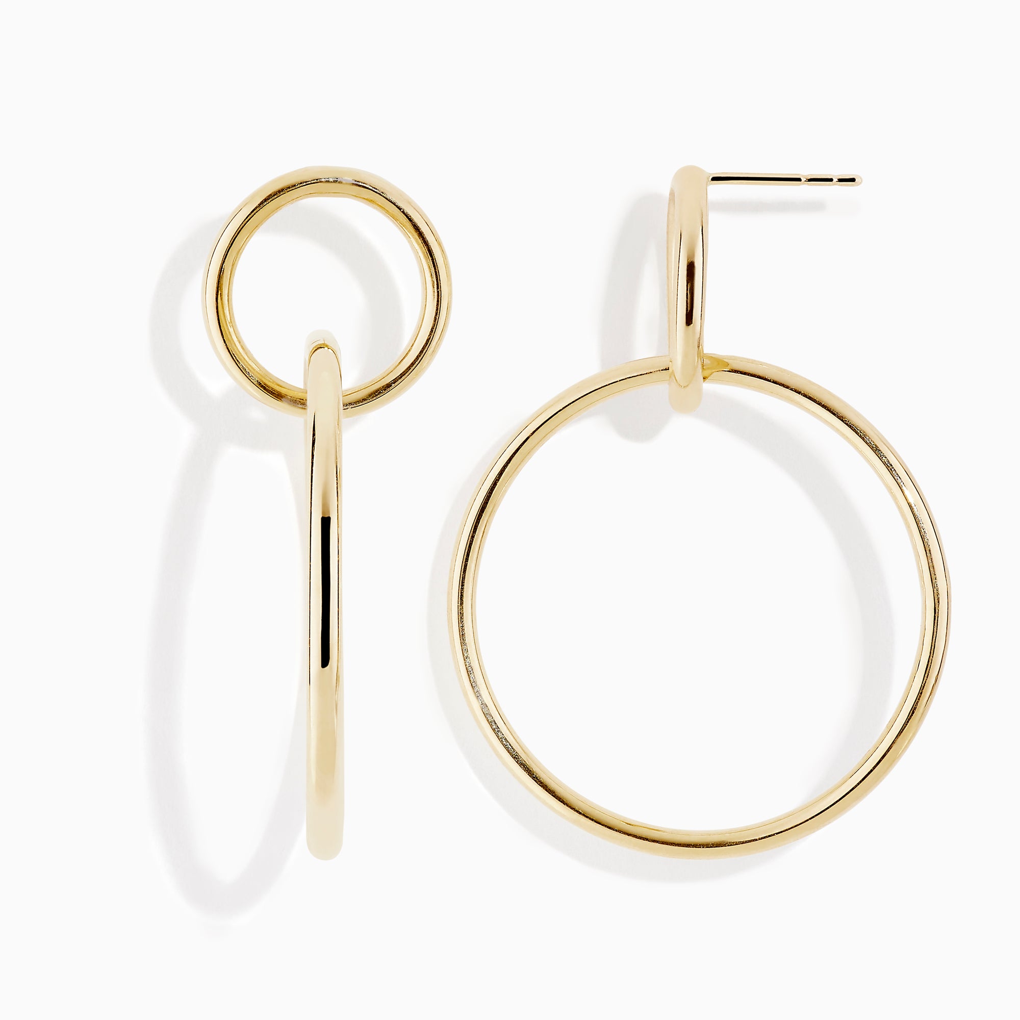 A pair of 14K Gold Interlock Tube Earrings, each with two interlocking circles, displayed against a white background.