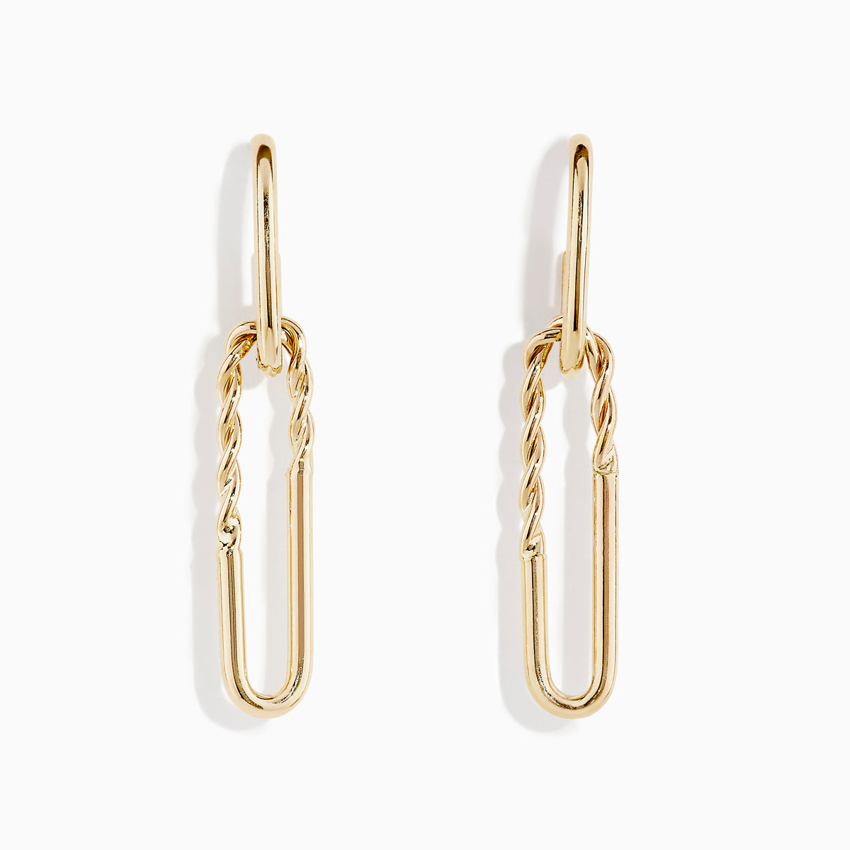 The 14K Yellow Gold Hoop and Paperclip Earrings feature elongated link shapes with twisted upper sections, shown against a white background.