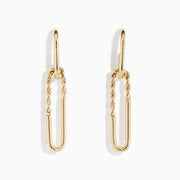 The 14K Yellow Gold Hoop and Paperclip Earrings feature elongated link shapes with twisted upper sections, shown against a white background.