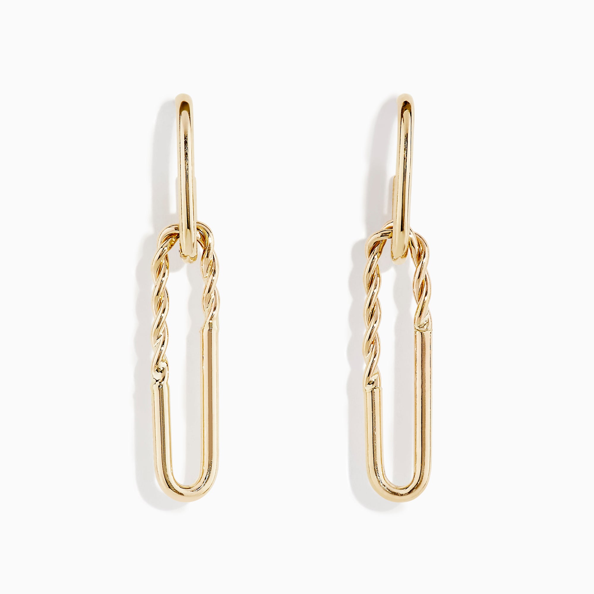 The 14K Yellow Gold Hoop and Paperclip Earrings feature elongated link shapes with twisted upper sections, shown against a white background.