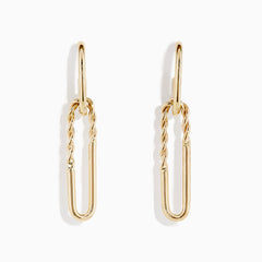The 14K Yellow Gold Hoop and Paperclip Earrings feature elongated link shapes with twisted upper sections, shown against a white background.
