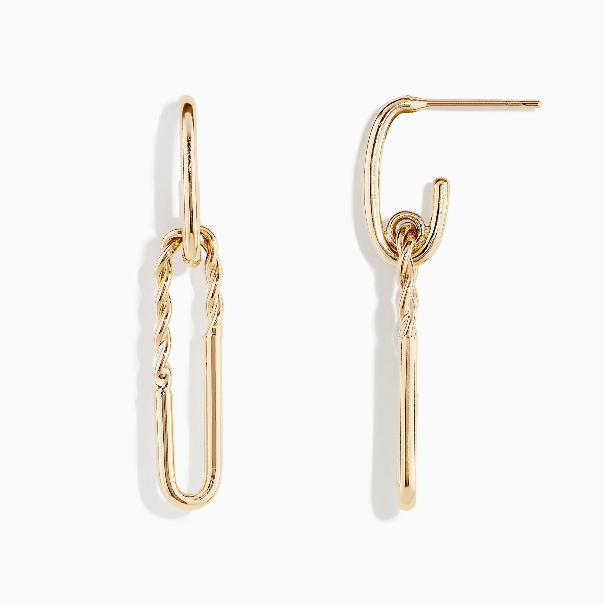 The 14K Yellow Gold Hoop and Paperclip Earrings feature elongated link shapes with twisted upper sections, shown against a white background.
