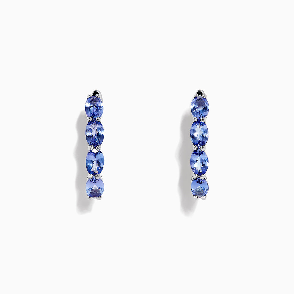 A pair of 925 Sterling Silver Tanzanite hoop earrings by Effy, total carat weight 3.49, featuring four round blue gemstones set vertically against a white background.