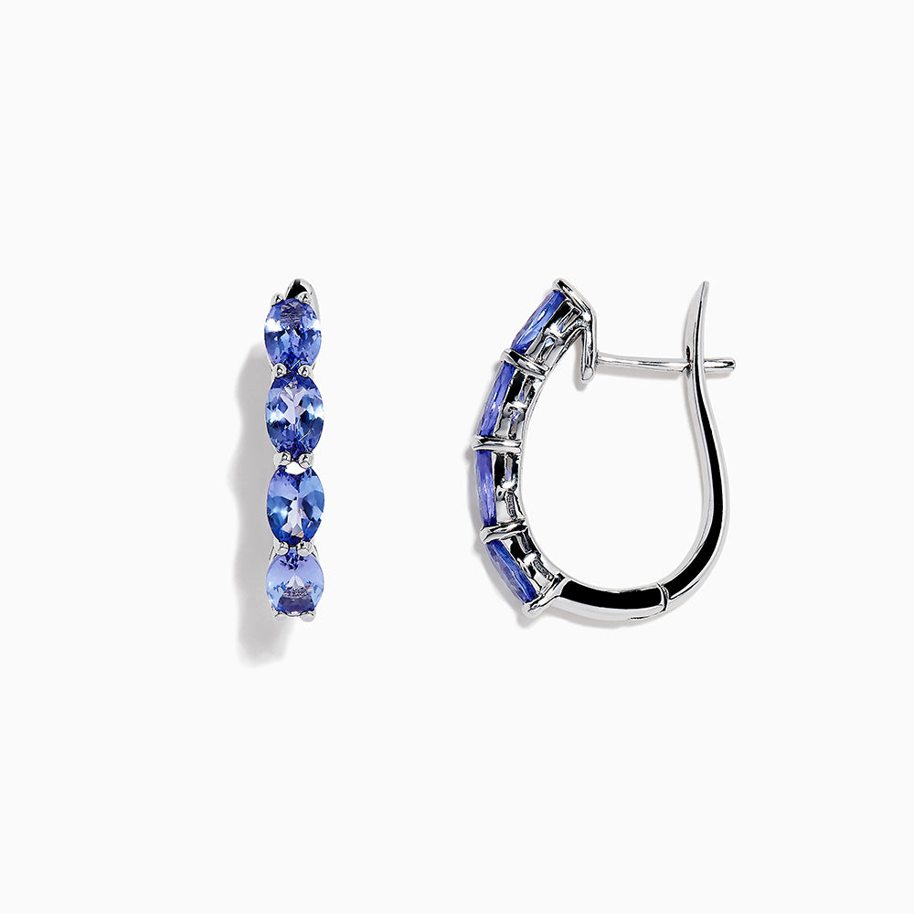 A pair of 925 Sterling Silver Tanzanite hoop earrings by Effy, total carat weight 3.49, featuring four round blue gemstones set vertically against a white background.