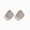 925 Sterling Silver & 18K Gold Diamond Earrings, 0.21 TCW, feature a square shape with pavé-set clear stones and gold and silver-toned borders, shown on a white background.