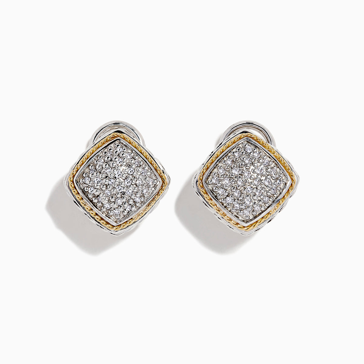 925 Sterling Silver & 18K Gold Diamond Earrings, 0.21 TCW, feature a square shape with pavé-set clear stones and gold and silver-toned borders, shown on a white background.